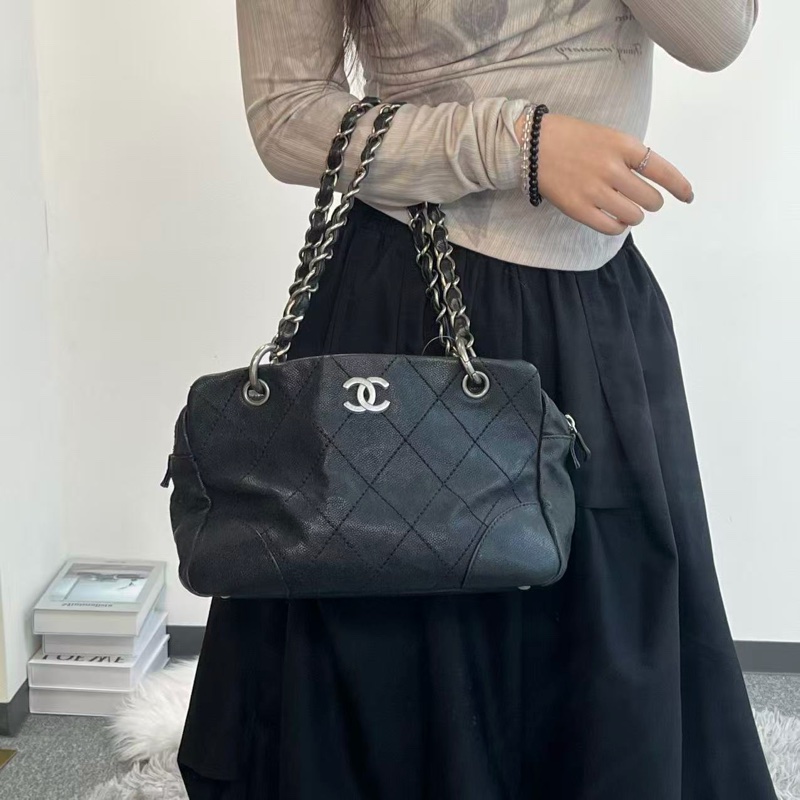 「JL精品代購」9新香奈兒黑銀牛皮外縫線菱格紋波士頓鏈條包-2