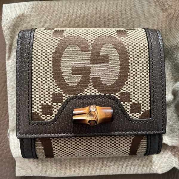 GUCCI 古馳 Diana 竹節系列緹花布及皮革二折短夾(棕色)-2