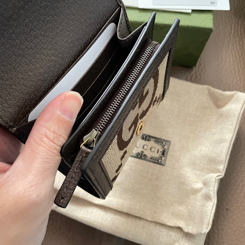 GUCCI 古馳 Diana 竹節系列緹花布及皮革二折短夾(棕色)-13