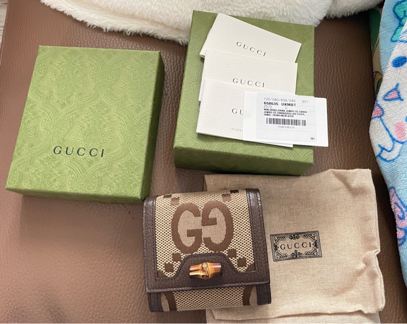 GUCCI 古馳 Diana 竹節系列緹花布及皮革二折短夾(棕色)-16