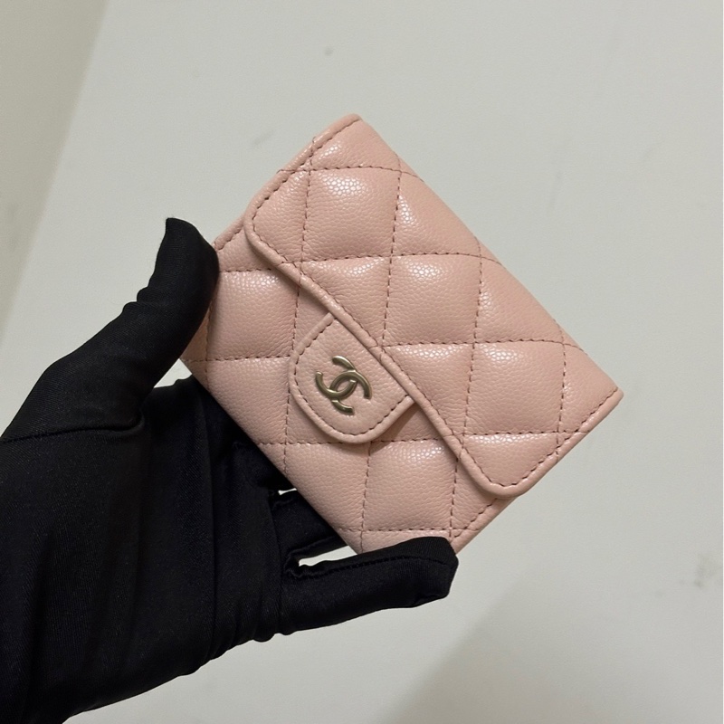 全新 Chanel 櫻花粉 雙層卡包 淡金釦 白盒-5