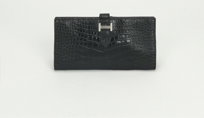 「JL精品代購」極新 Hermes 愛馬仕黑銀方塊鱷 Bearn長夾-0