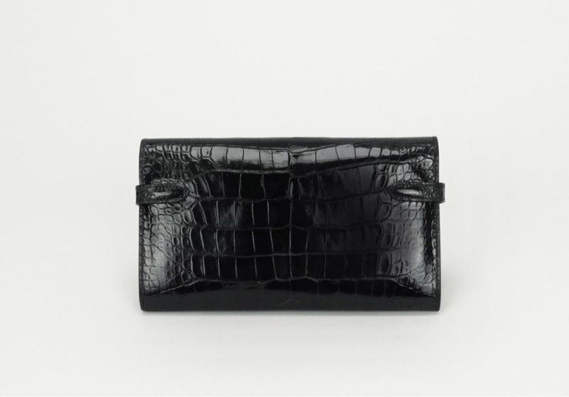 「JL精品代購」9新  Hermes 愛馬仕 方塊鱷 Kelly 長夾 黑銀-1
