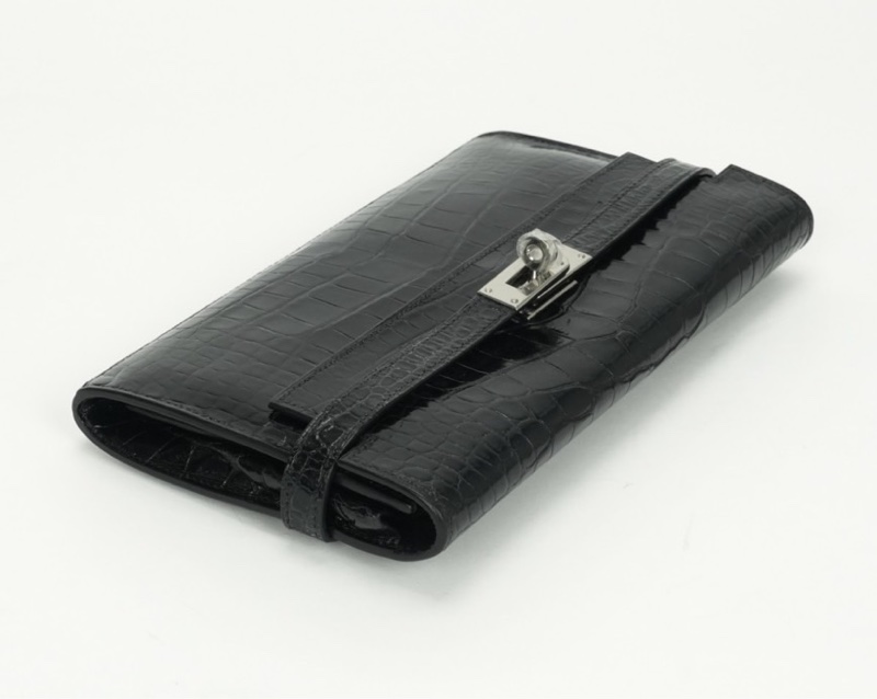 「JL精品代購」9新  Hermes 愛馬仕 方塊鱷 Kelly 長夾 黑銀-2