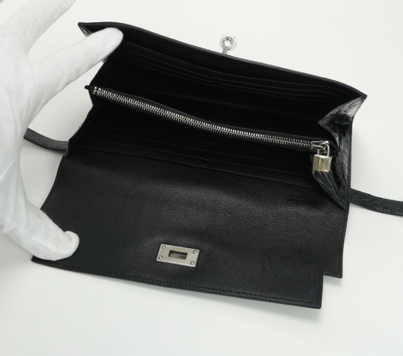 「JL精品代購」9新  Hermes 愛馬仕 方塊鱷 Kelly 長夾 黑銀-6