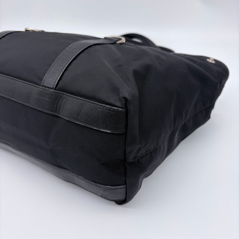 「JL精品代購」9新 Prada黑銀降落傘拼皮尼龍單肩托特包-7