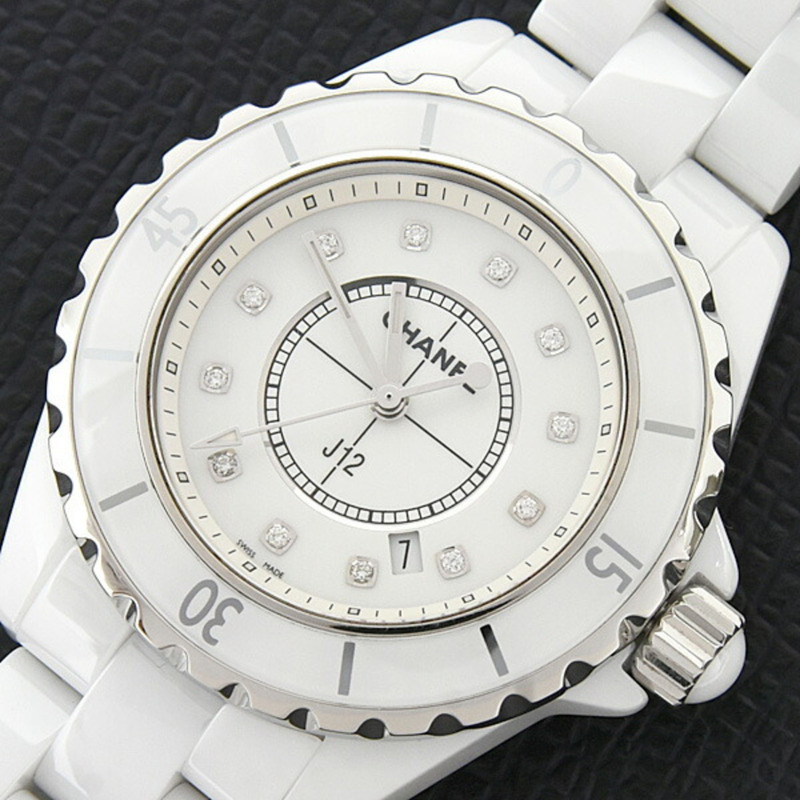 香奈兒女錶 J12 12P 鑲鑽電池驅動白色錶盤陶瓷錶殼 CE CHANEL H1628-8