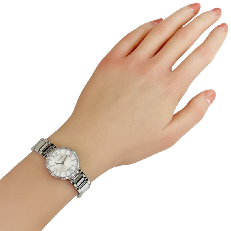 Tiffany Atlas 雙針腕錶,不鏽鋼材質,型號 62867469,石英機芯,翻新,二手,女士腕錶,TIFFANY & Co.,鑲鑽錶圈,刻度-1