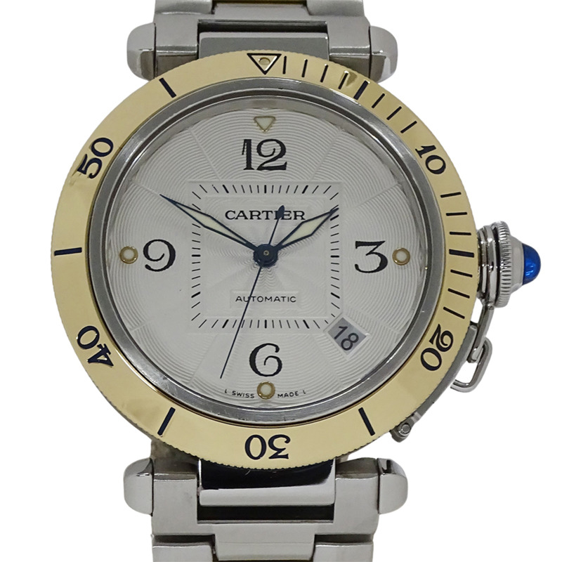 卡地亞 Pasha Date 男士自動腕錶，不鏽鋼錶殼搭配黃金和黃金，型號 W31035T6，圓形，透視錶殼，拋光處理-1