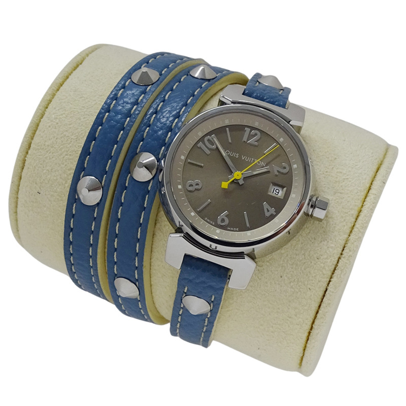 路易威登女士 Tambour 三重線圈日期石英腕錶，QZ，不鏽鋼，皮革，棕色，藍色，拋光，Q1212-0
