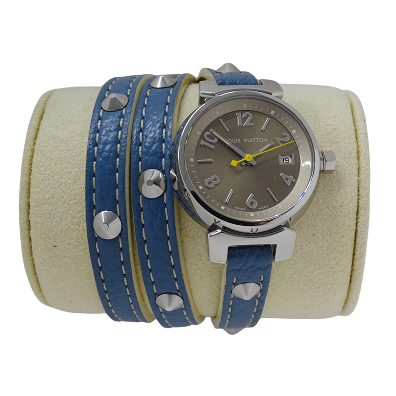 路易威登女士 Tambour 三重線圈日期石英腕錶，QZ，不鏽鋼，皮革，棕色，藍色，拋光，Q1212-1