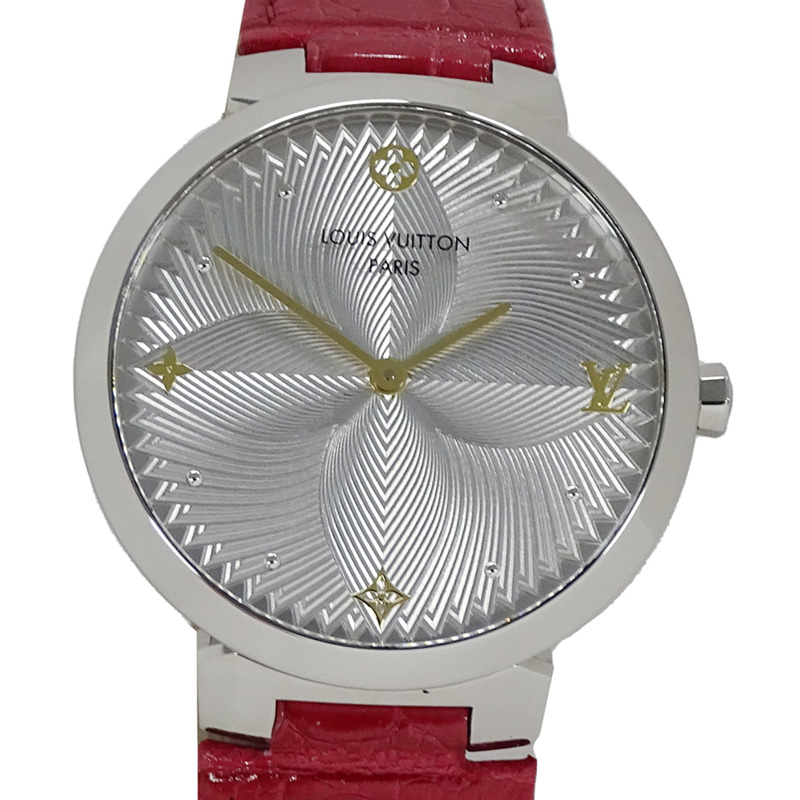 路易威登男士 Tambour Slim 腕錶,金屬花卉圖案,GM 石英機芯,QZ 不鏽鋼錶殼搭配皮革錶帶,銀色和粉紅色拋光,QA016-1