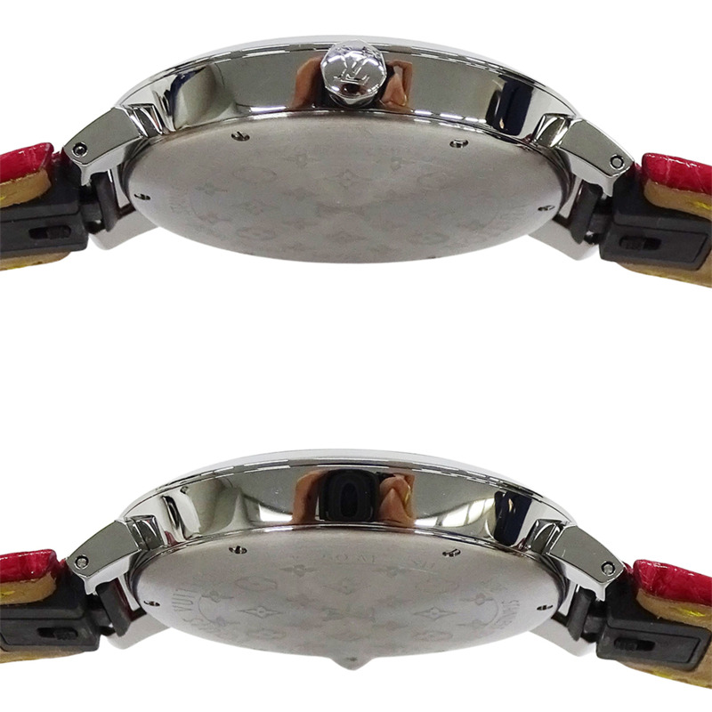 路易威登男士 Tambour Slim 腕錶,金屬花卉圖案,GM 石英機芯,QZ 不鏽鋼錶殼搭配皮革錶帶,銀色和粉紅色拋光,QA016-2