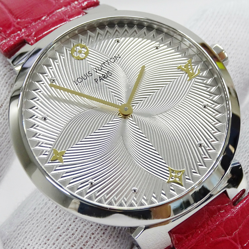 路易威登男士 Tambour Slim 腕錶,金屬花卉圖案,GM 石英機芯,QZ 不鏽鋼錶殼搭配皮革錶帶,銀色和粉紅色拋光,QA016-12