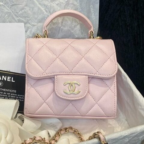 香奈兒Chanel迷你粉色手提斜挎包粉色手柄金扣