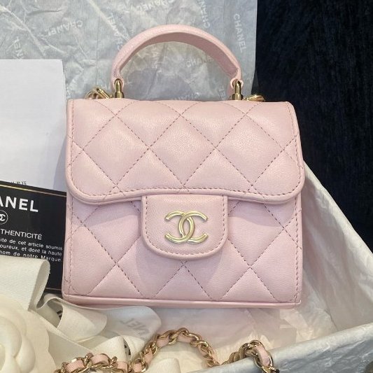 香奈兒Chanel迷你粉色手提斜挎包粉色手柄金扣-0