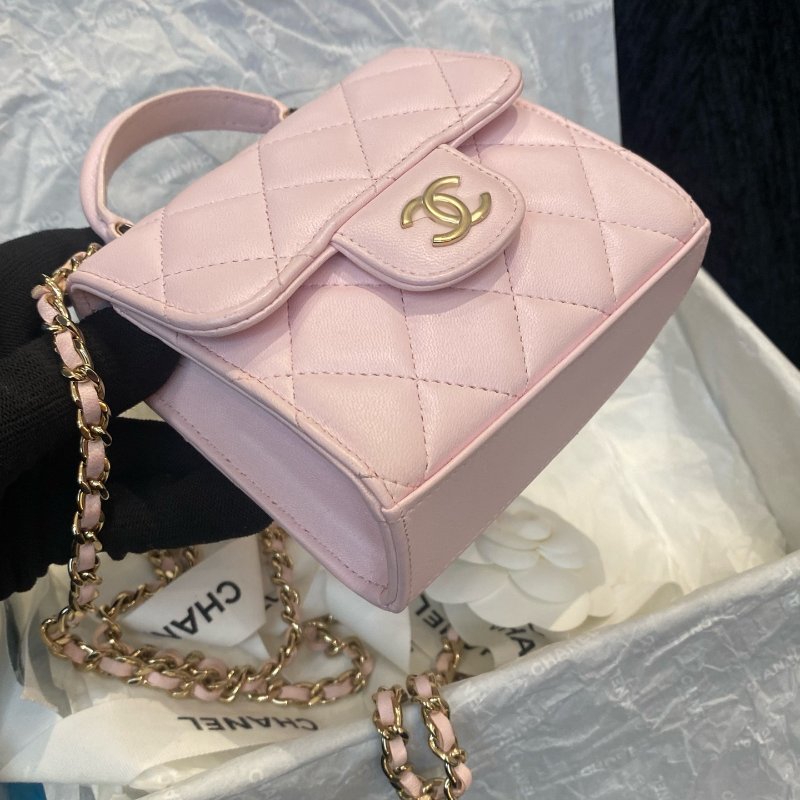 香奈兒Chanel迷你粉色手提斜挎包粉色手柄金扣-2