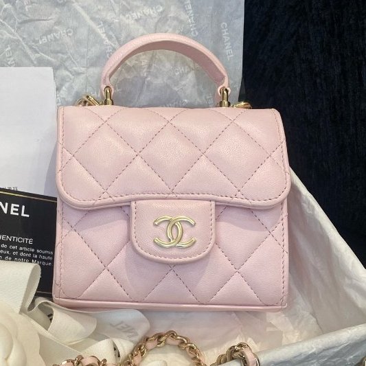香奈兒Chanel迷你粉色手提斜挎包粉色手柄金扣-5