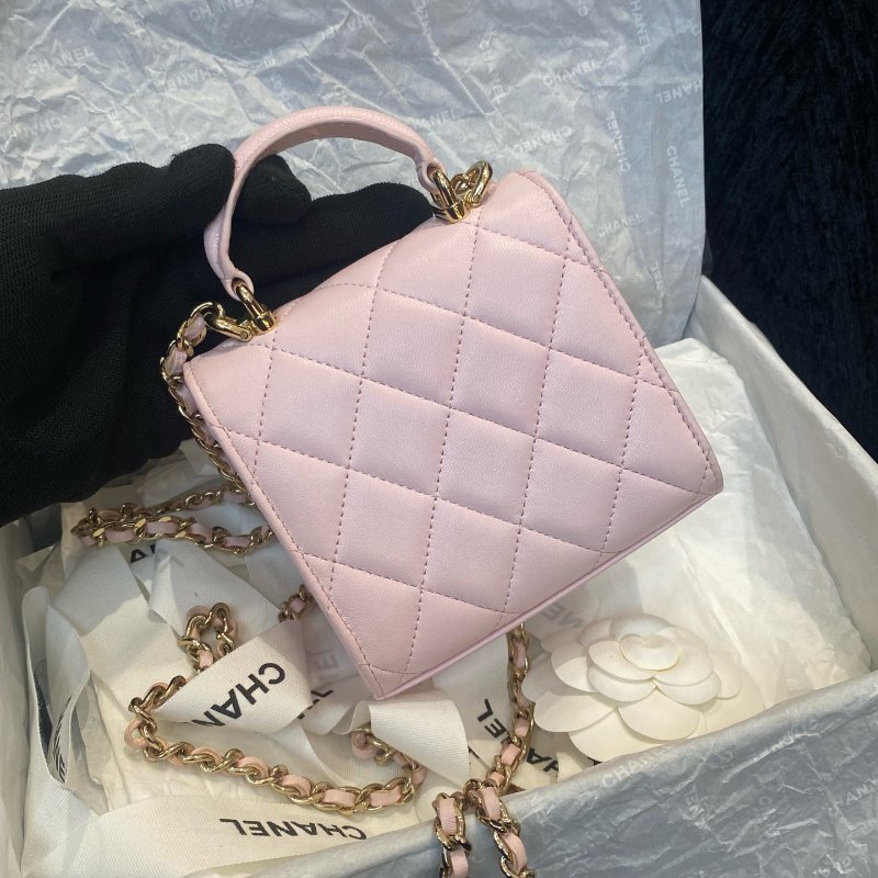 香奈兒Chanel迷你粉色手提斜挎包粉色手柄金扣-6