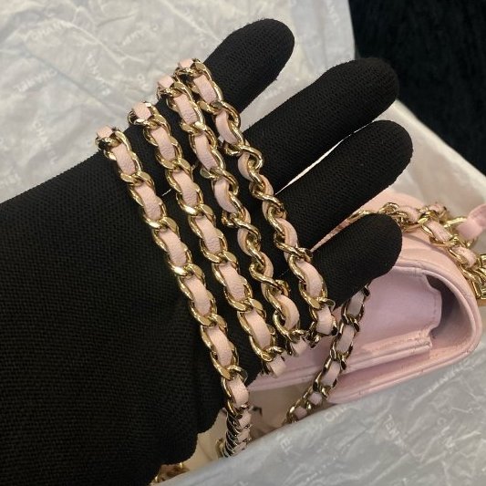 香奈兒Chanel迷你粉色手提斜挎包粉色手柄金扣-9