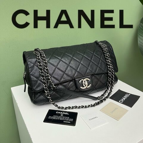 香奈兒Chanel黑銀魚子醬CF鏈條包