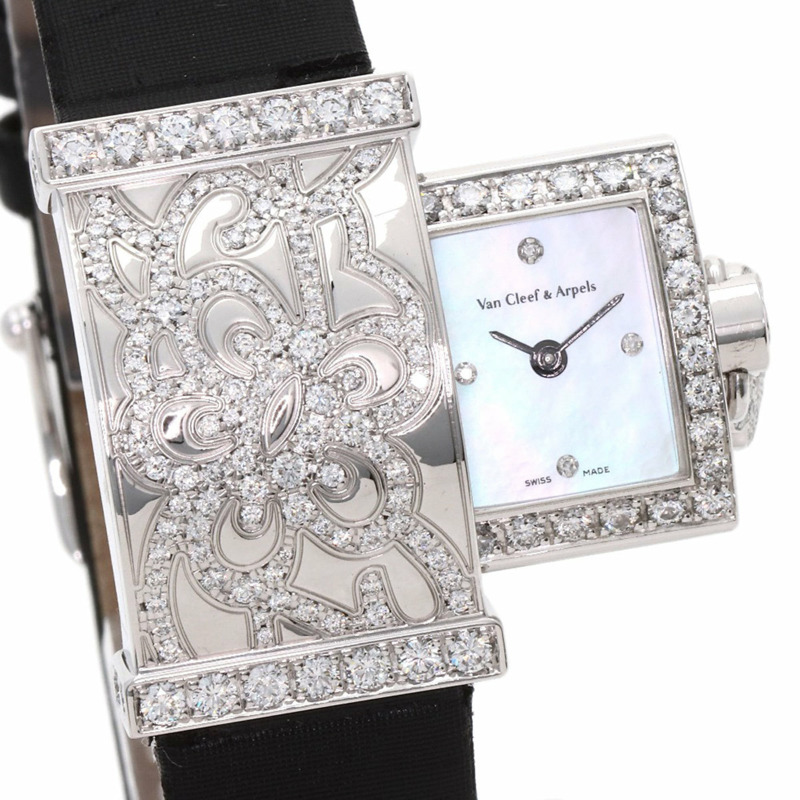 梵克雅寶 WRWF01E8 Secret Dentelle 女士腕錶,18K 白金錶殼,緞面皮革錶帶,鑲嵌鑽石-4