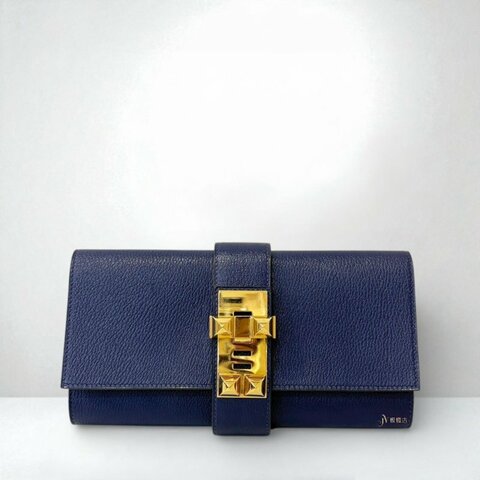 JS0634-Hermes 深藍山羊皮CDC金釦可調式下蓋手拿包