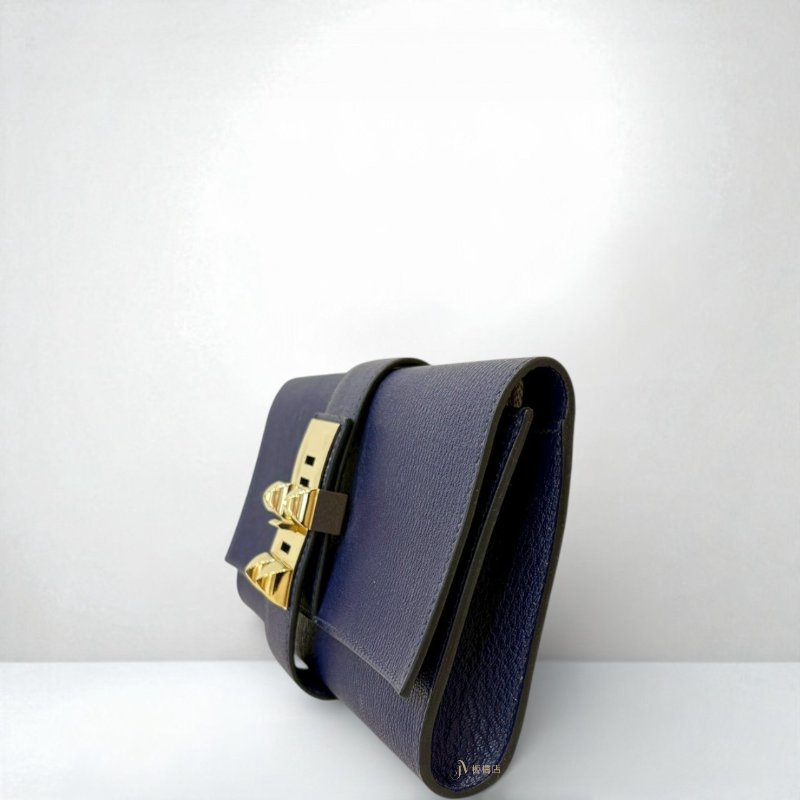 JS0634-Hermes 深藍山羊皮CDC金釦可調式下蓋手拿包-1
