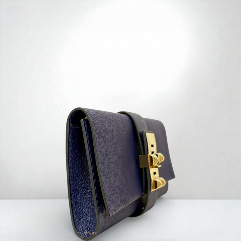 JS0634-Hermes 深藍山羊皮CDC金釦可調式下蓋手拿包-2