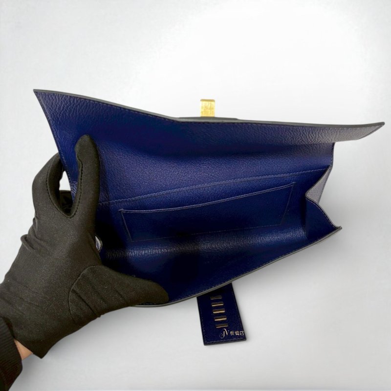 JS0634-Hermes 深藍山羊皮CDC金釦可調式下蓋手拿包-5