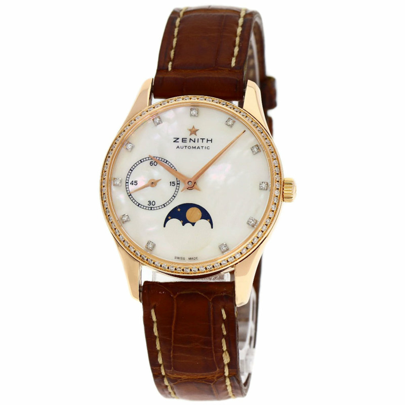 真力時 (Zenith) 22.2310.692 Elite 超薄月相鑲鑽腕錶,18K 玫瑰金錶殼搭配真皮錶帶,女士款-0