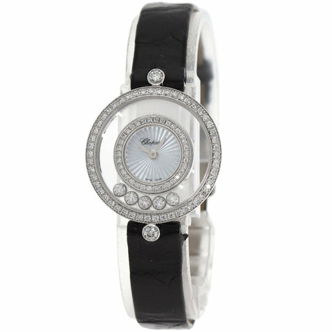 蕭邦 4527 Happy Diamonds 女士腕錶，18K 白金/皮革錶帶