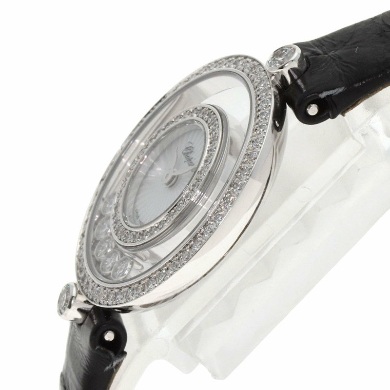 蕭邦 4527 Happy Diamonds 女士腕錶,18K 白金/皮革錶帶-4