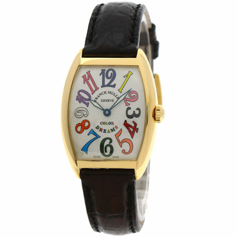 Franck Muller 7502QZ Tonneau Curvex Color Dreams腕錶，18K黃金錶殼搭配皮革錶帶，女款