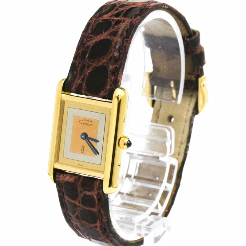 卡地亞 Must Tank 鍍金皮革石英女士腕錶 366001-1