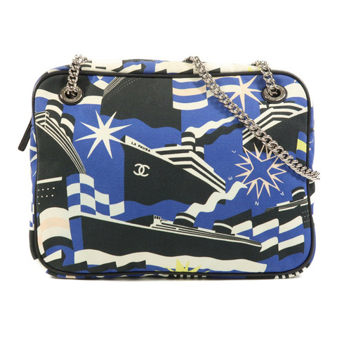 CHANEL 帆布Chain Shoulder銀扣鏈帶肩背袋