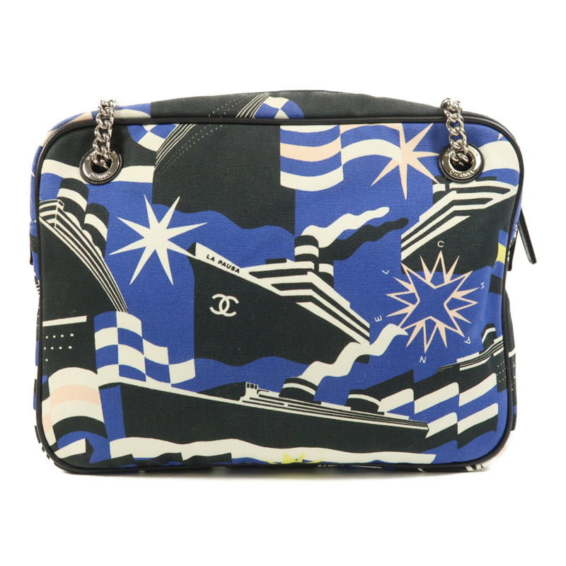 CHANEL 帆布Chain Shoulder銀扣鏈帶肩背袋-1