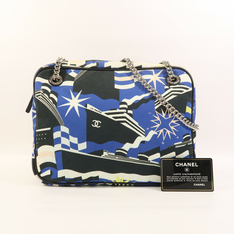 CHANEL 帆布Chain Shoulder銀扣鏈帶肩背袋-9