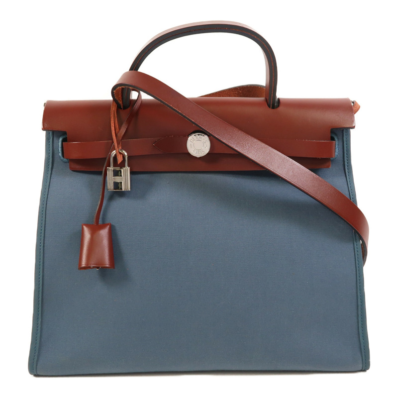 HERMES 帆布Herbag PM銀扣手挽肩背兩用袋Bleu Tempete/Rouge H-0