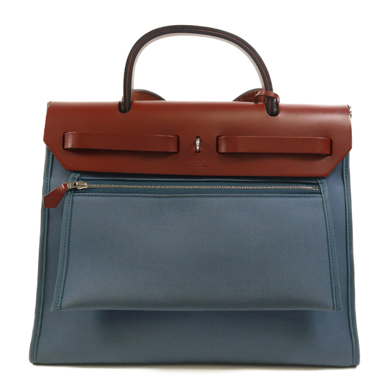 HERMES 帆布Herbag PM銀扣手挽肩背兩用袋Bleu Tempete/Rouge H-1