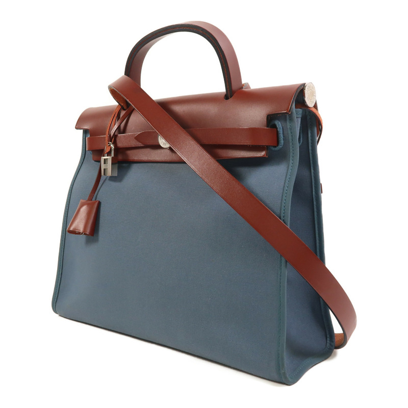 HERMES 帆布Herbag PM銀扣手挽肩背兩用袋Bleu Tempete/Rouge H-2