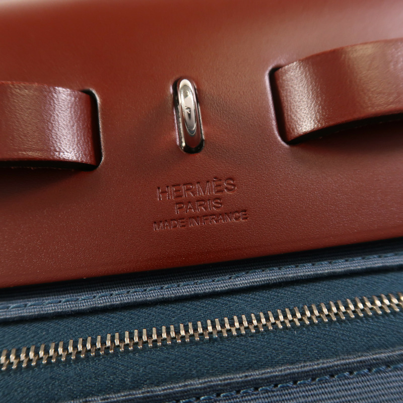 HERMES 帆布Herbag PM銀扣手挽肩背兩用袋Bleu Tempete/Rouge H-5