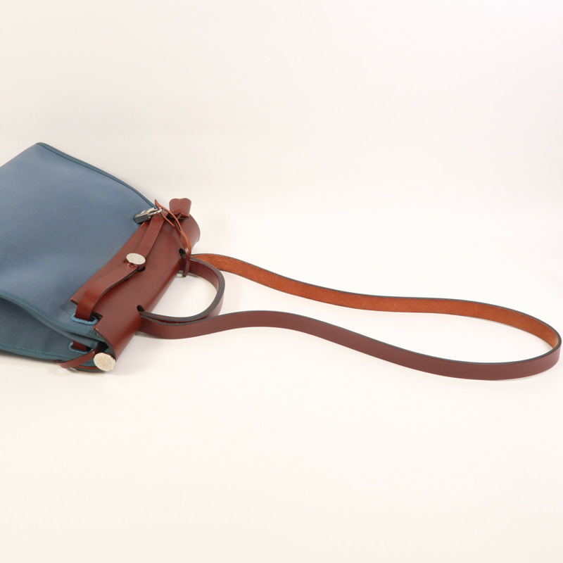 HERMES 帆布Herbag PM銀扣手挽肩背兩用袋Bleu Tempete/Rouge H-7
