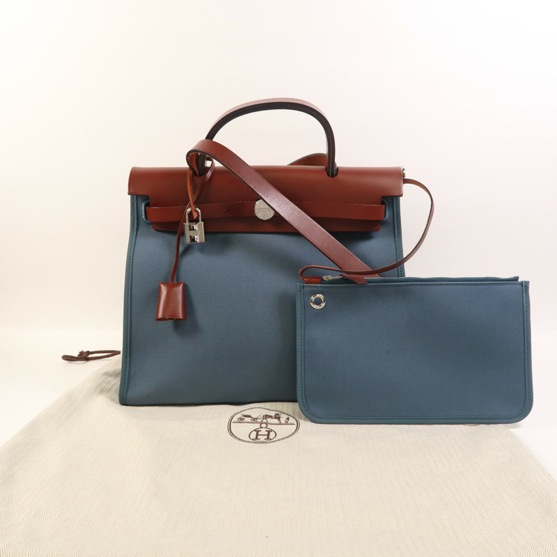 HERMES 帆布Herbag PM銀扣手挽肩背兩用袋Bleu Tempete/Rouge H-8