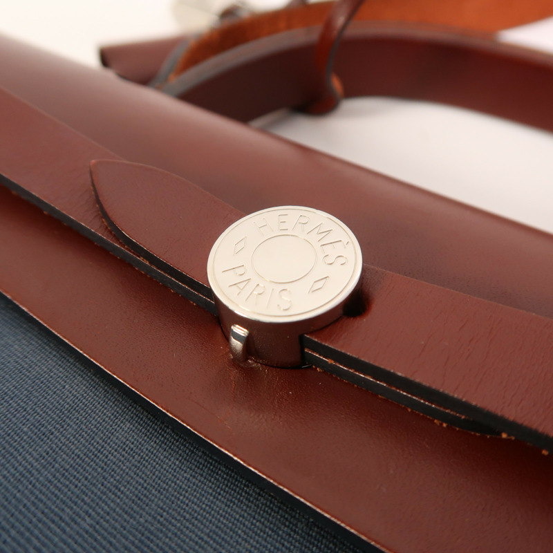 HERMES 帆布Herbag PM銀扣手挽肩背兩用袋Bleu Tempete/Rouge H-9