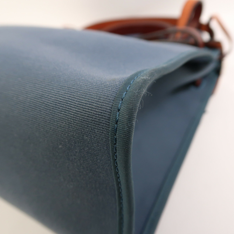 HERMES 帆布Herbag PM銀扣手挽肩背兩用袋Bleu Tempete/Rouge H-10