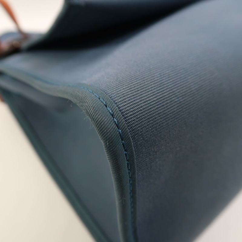 HERMES 帆布Herbag PM銀扣手挽肩背兩用袋Bleu Tempete/Rouge H-13