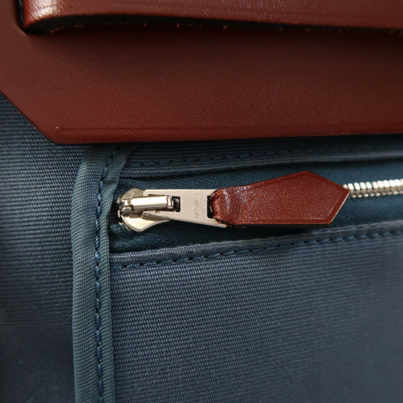 HERMES 帆布Herbag PM銀扣手挽肩背兩用袋Bleu Tempete/Rouge H-20
