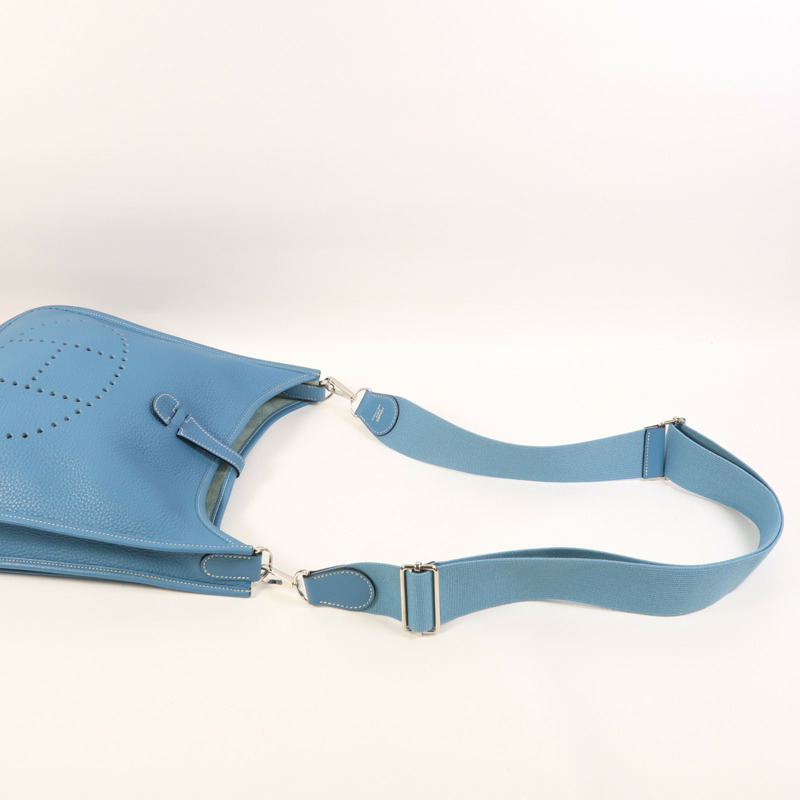 HERMES Clemence皮革Evelyne PM銀扣肩背袋Bleu Jean-8