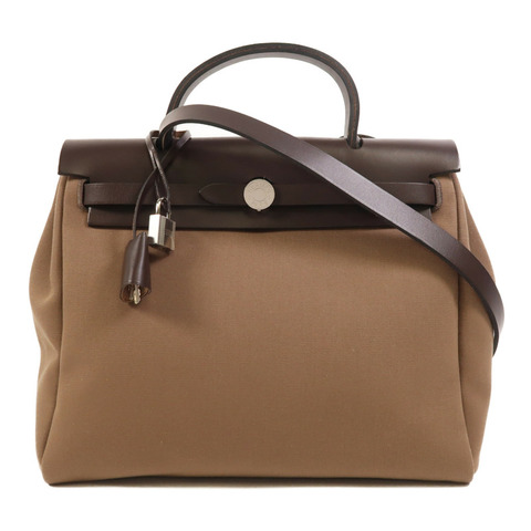 HERMES 帆布Herbag PM銀扣手挽肩背兩用袋Etoupe/Ebene